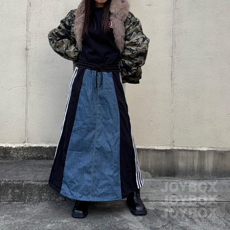 リメイク風 デニム ロング スカート ライン ジャージ 韓国 ストリート