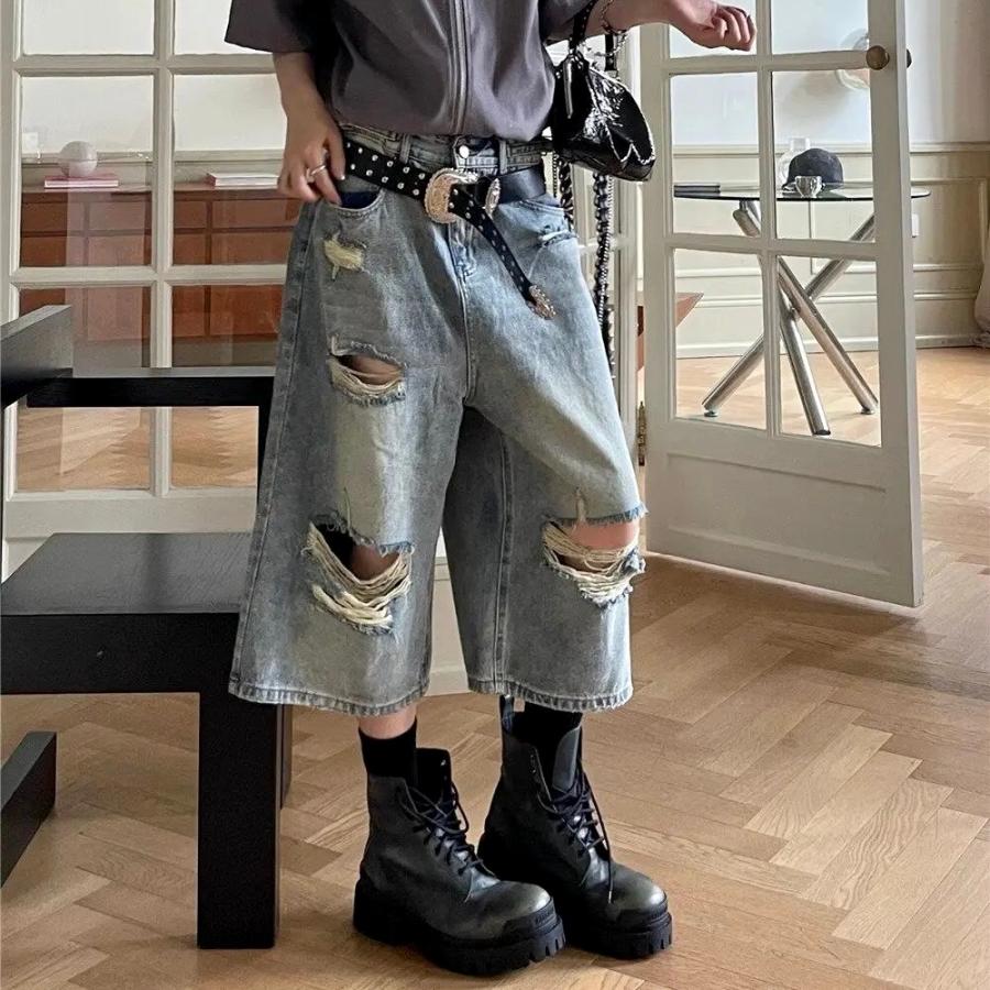 デニム ハーフ パンツ クロップド 半端丈 ダメージ 韓国 ストリート系