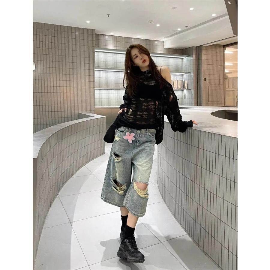 デニム ハーフ パンツ クロップド 半端丈 ダメージ 韓国 ストリート系