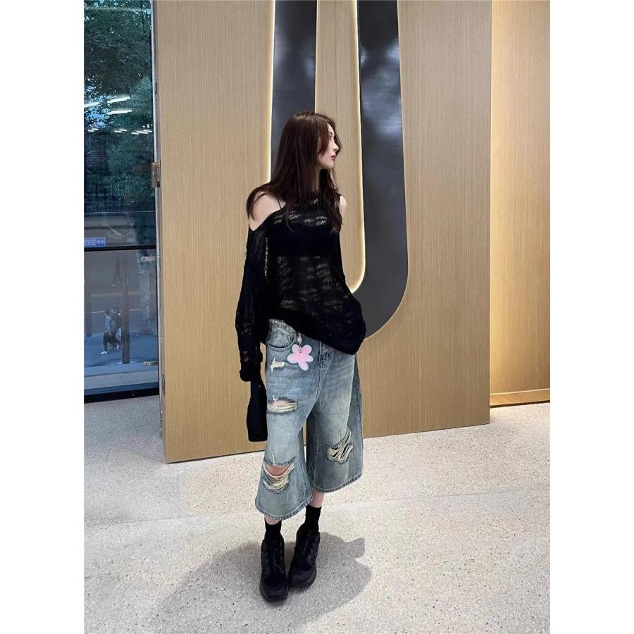 デニム ハーフ パンツ クロップド 半端丈 ダメージ 韓国 ストリート系