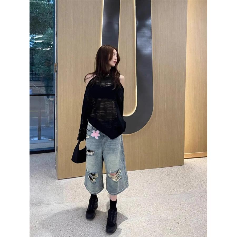 デニム ハーフ パンツ クロップド 半端丈 ダメージ 韓国 ストリート系