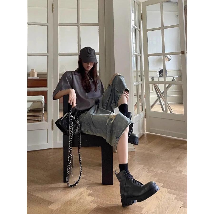 デニム ハーフ パンツ クロップド 半端丈 ダメージ 韓国 ストリート系