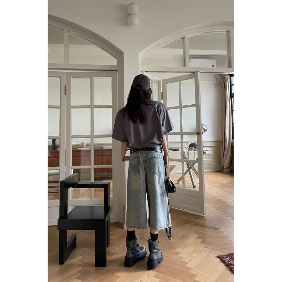 デニム ハーフ パンツ クロップド 半端丈 ダメージ 韓国 ストリート系