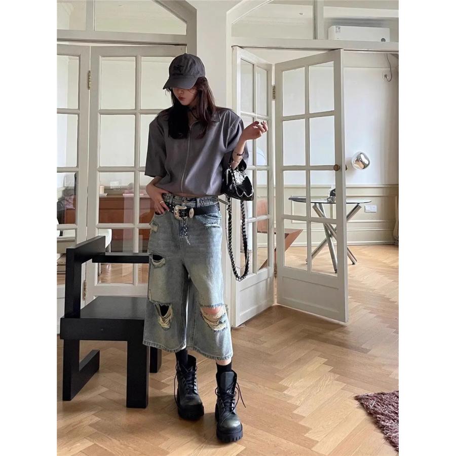 デニム ハーフ パンツ クロップド 半端丈 ダメージ 韓国 ストリート系