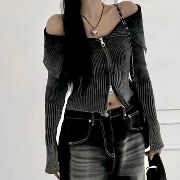 オフショル ニット トップス 韓国 ショート丈 ストリート系 ギャル