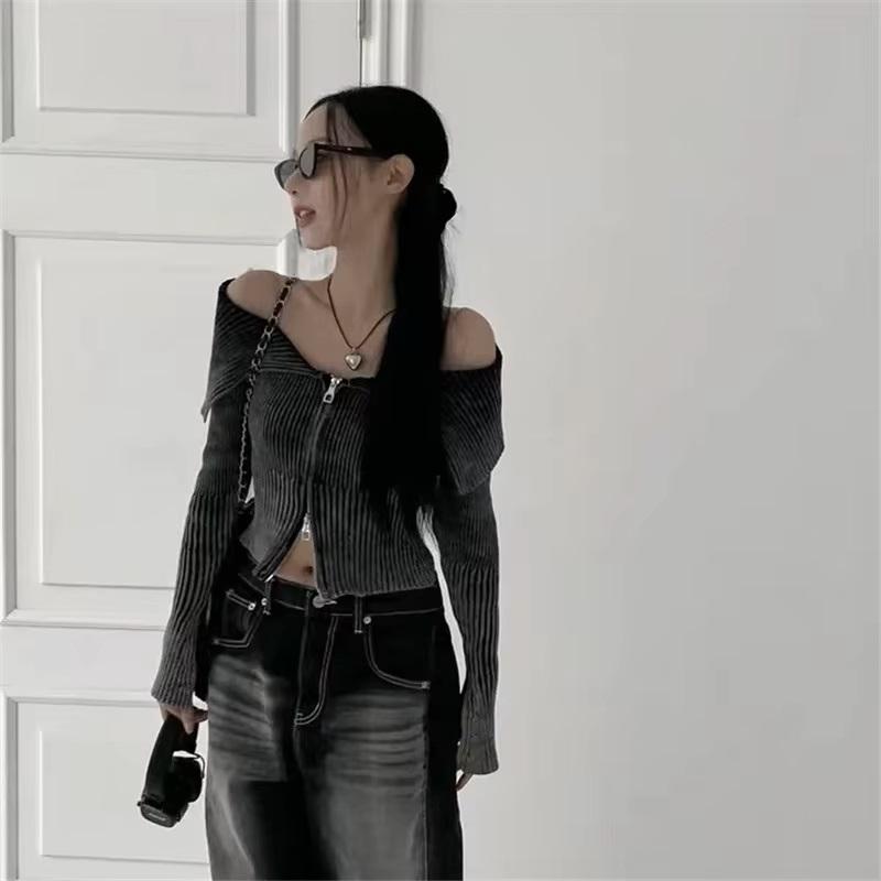 オフショル ニット トップス 韓国 ショート丈 ストリート系 ギャル