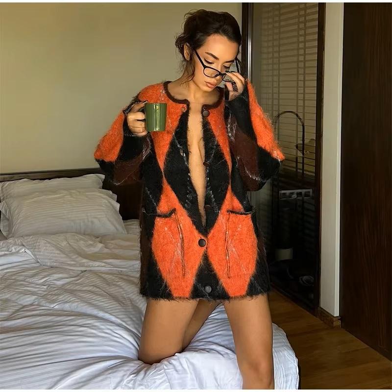 モヘア ニット カーディガン アーガイル チェック柄 韓国 ストリート系