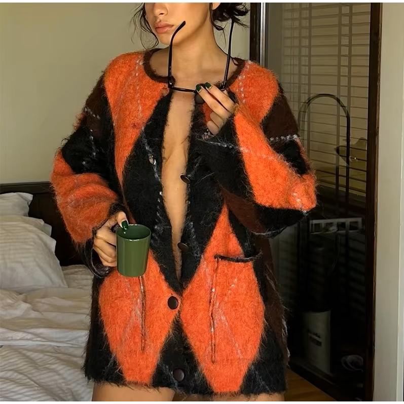 モヘア ニット カーディガン アーガイル チェック柄 韓国 ストリート系