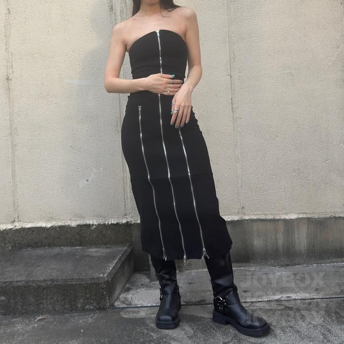 anluans ブラック ストラップレス ロングワンピース ベアトップ スリット ロング ワンピース ファスナー ジッパー 韓国