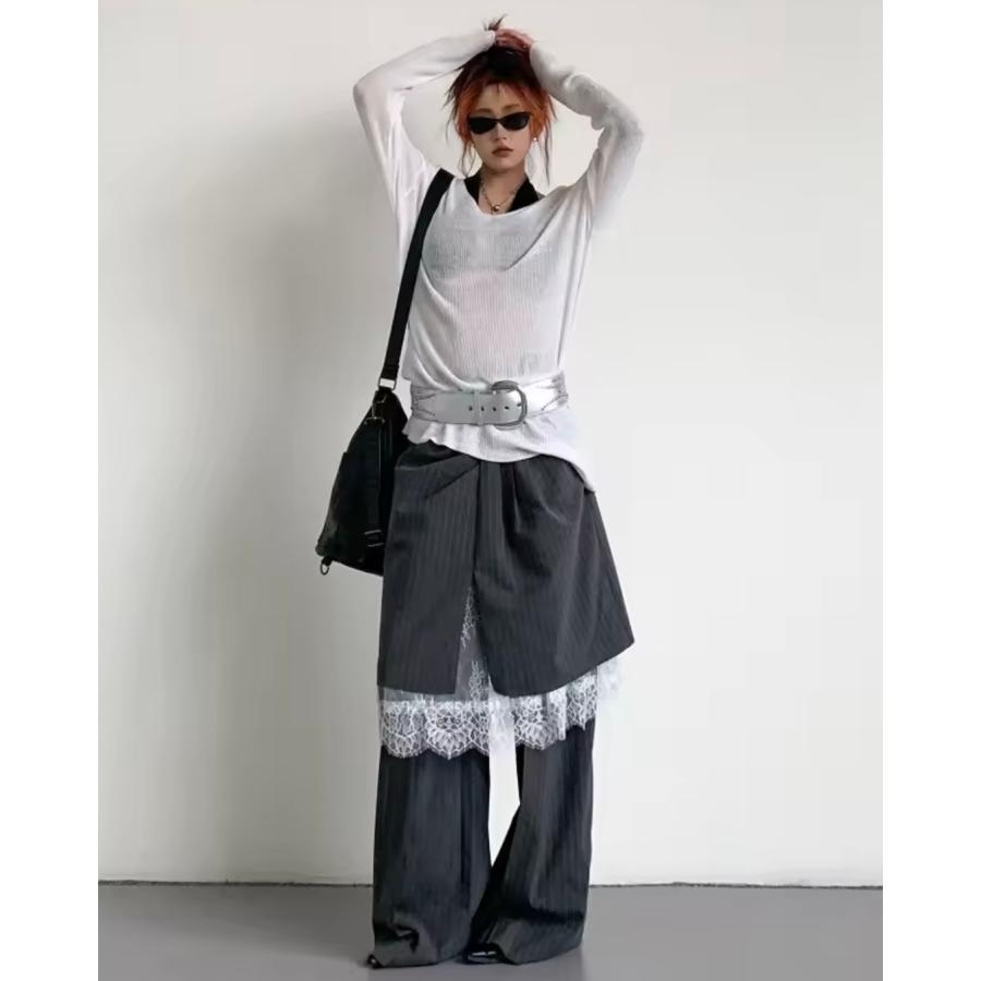 ピンストライプ柄 スラックス レース ロング パンツ レイヤード 重ね着