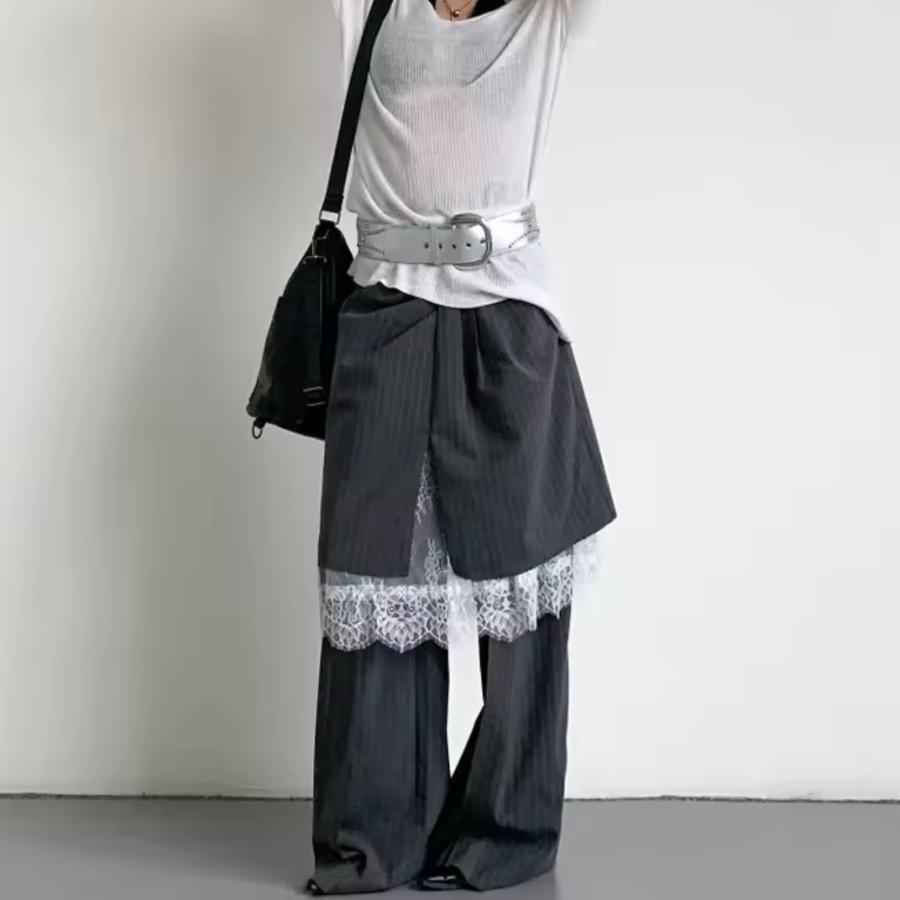 ピンストライプ柄 スラックス レース ロング パンツ レイヤード 重ね着