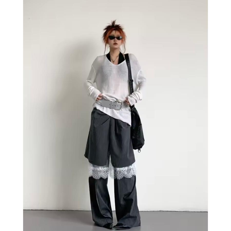 ピンストライプ柄 スラックス レース ロング パンツ レイヤード 重ね着