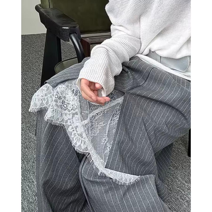 ピンストライプ柄 スラックス レース ロング パンツ レイヤード 重ね着