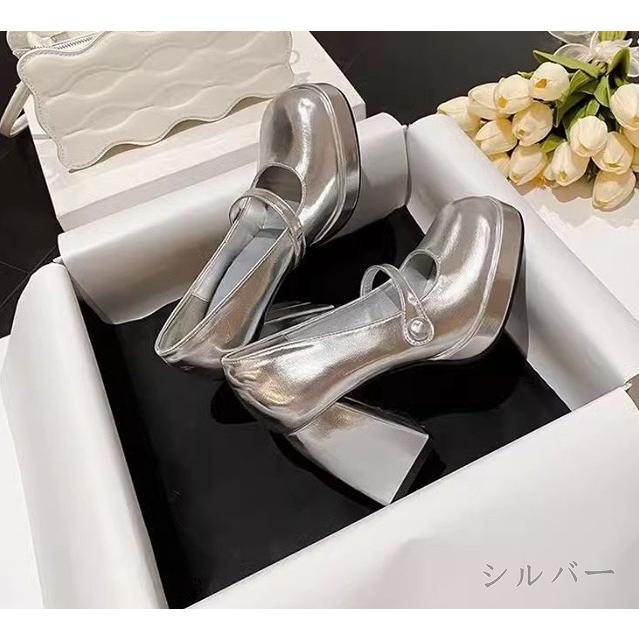 メタリック シルバー パンプス 厚底 チャンキー ハイヒール メリー