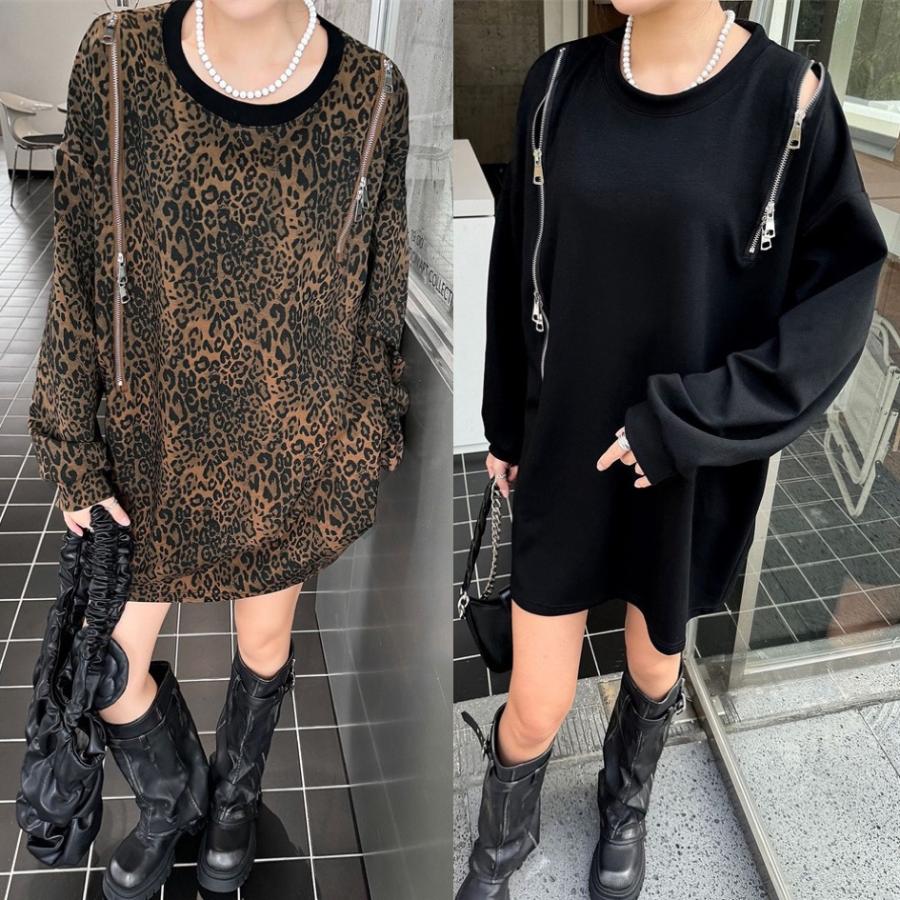 レオパード ヒョウ柄 長袖 Tシャツ ロンT ファスナー スリット レオパード ヒョウ柄 長袖 Tシャツ ロンT ファスナー スリット