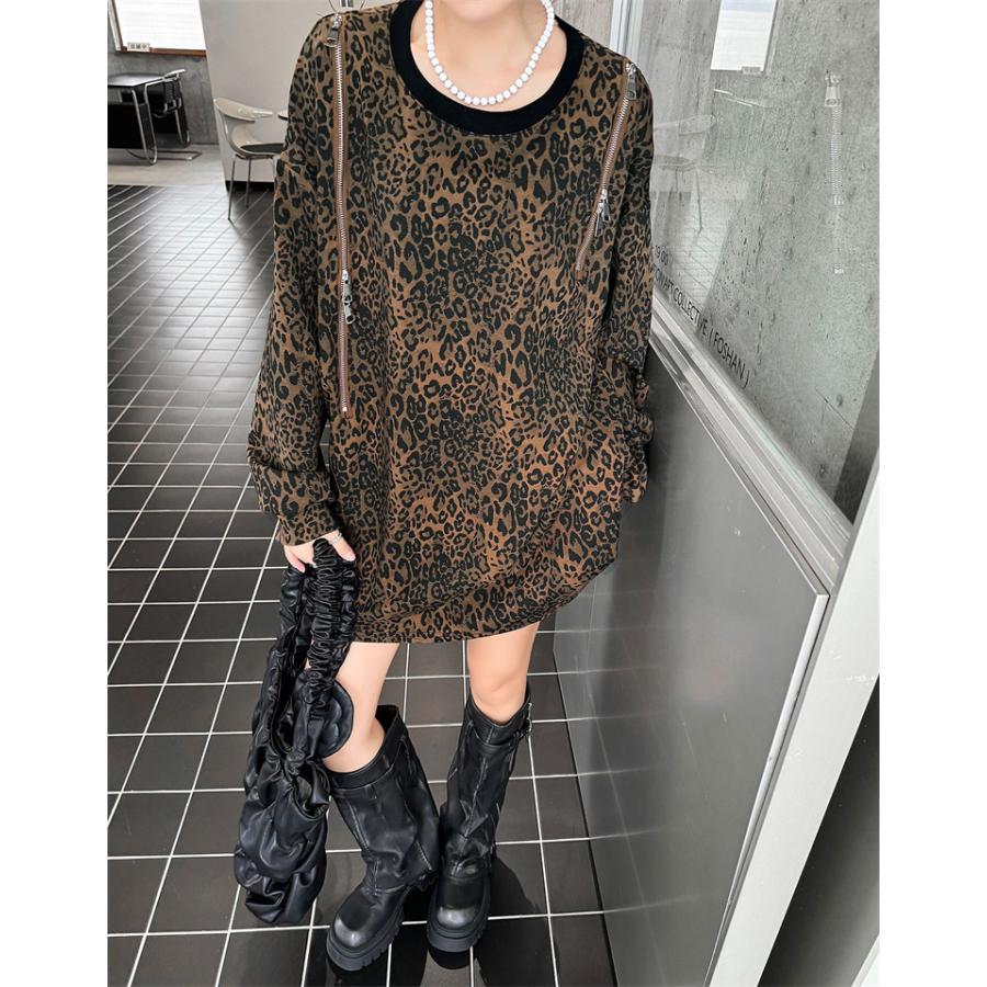 レオパード ヒョウ柄 長袖 Tシャツ ロンT ファスナー スリット レオパード ヒョウ柄 長袖 Tシャツ ロンT ファスナー スリット