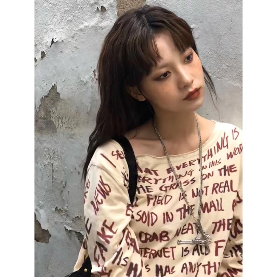 ロゴ 長袖 Tシャツ トップス ロンT ダメージ 韓国 ストリート系 ロゴ 長袖 Tシャツ トップス ロンT ダメージ 韓国 ストリート系