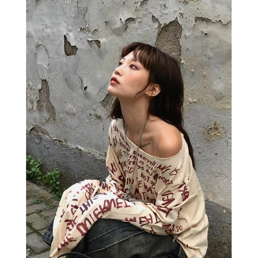 ロゴ 長袖 Tシャツ トップス ロンT ダメージ 韓国 ストリート系 ロゴ 長袖 Tシャツ トップス ロンT ダメージ 韓国 ストリート系