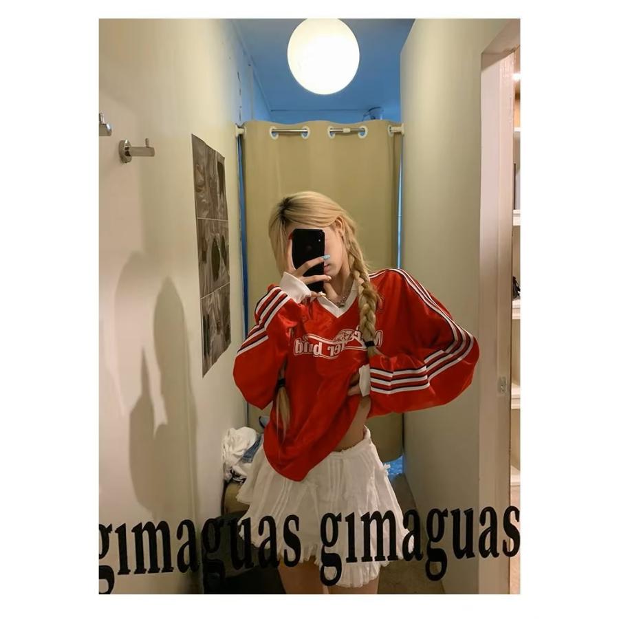 ゲーム シャツ ユニフォーム スキッパー 長袖 ロゴ ライン 赤 ロンT