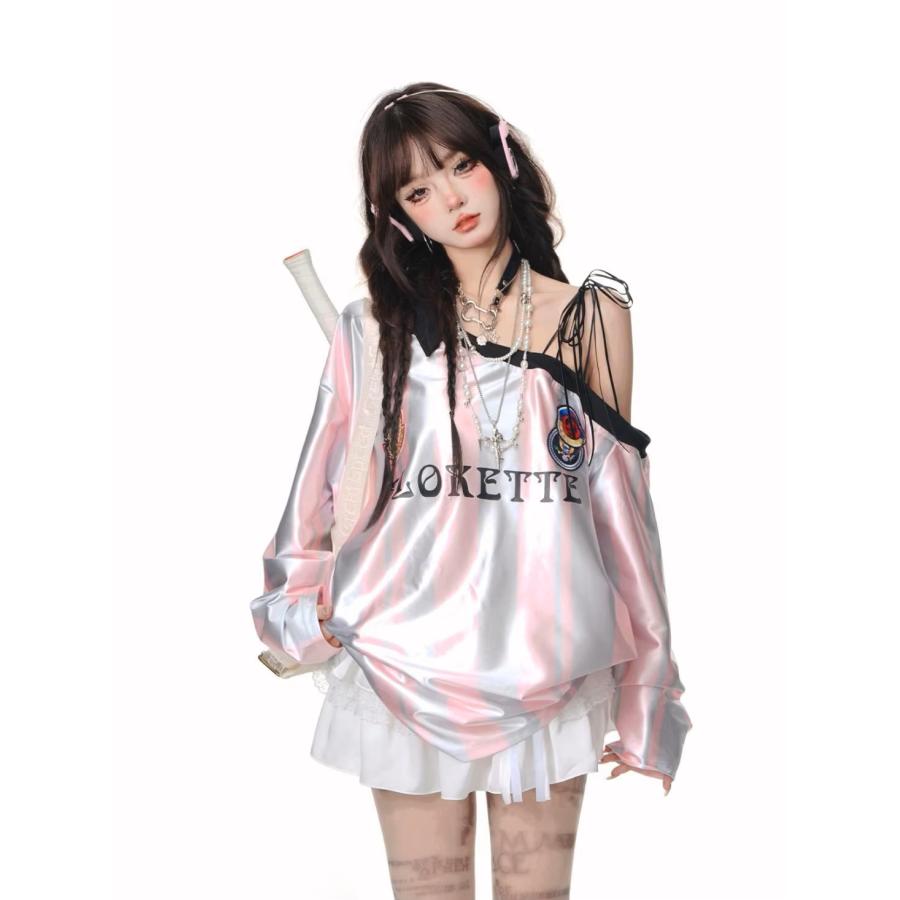 オフショル ゲーム シャツ ユニフォーム ストライプ柄 長袖 ロゴ 