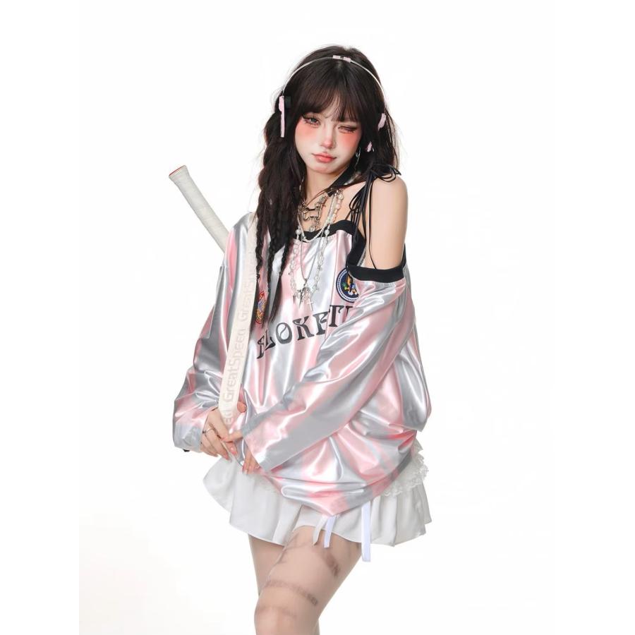 オフショル ゲーム シャツ ユニフォーム ストライプ柄 長袖 ロゴ