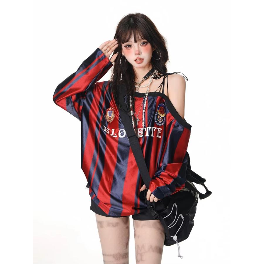 オフショル ゲーム シャツ ユニフォーム ストライプ柄 長袖 ロゴ