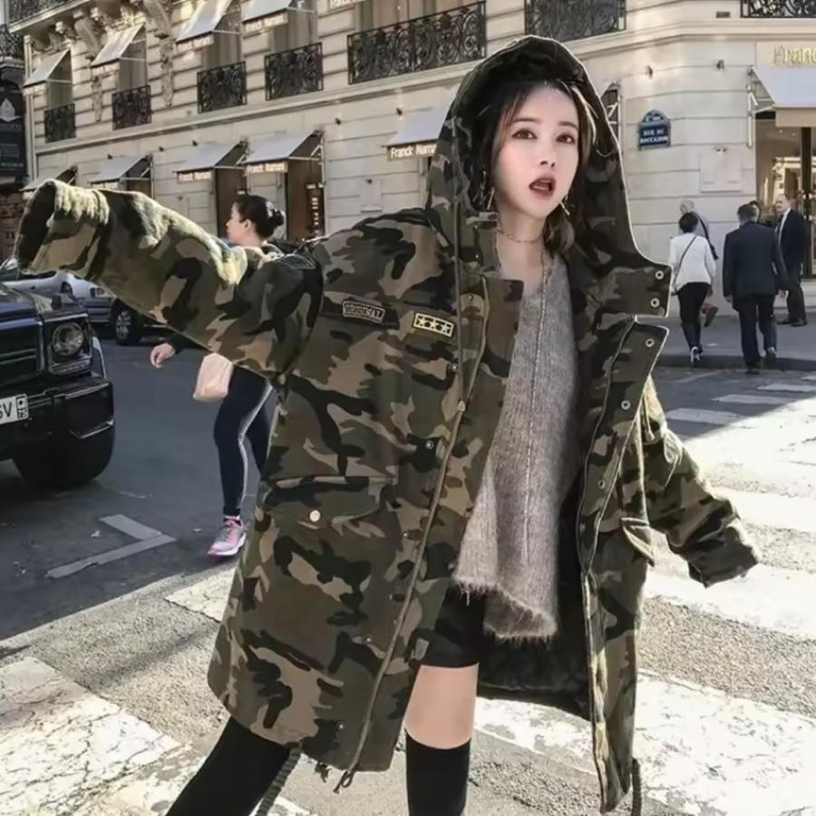 迷彩柄 パーカー コート モッズコート ワッペン 韓国 ストリート