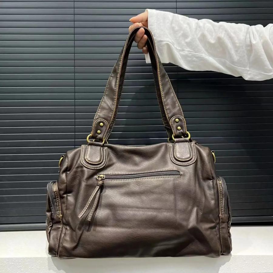 ショルダー バッグ マルチ ポケット 多機能 茶 大容量 韓国 ストリート