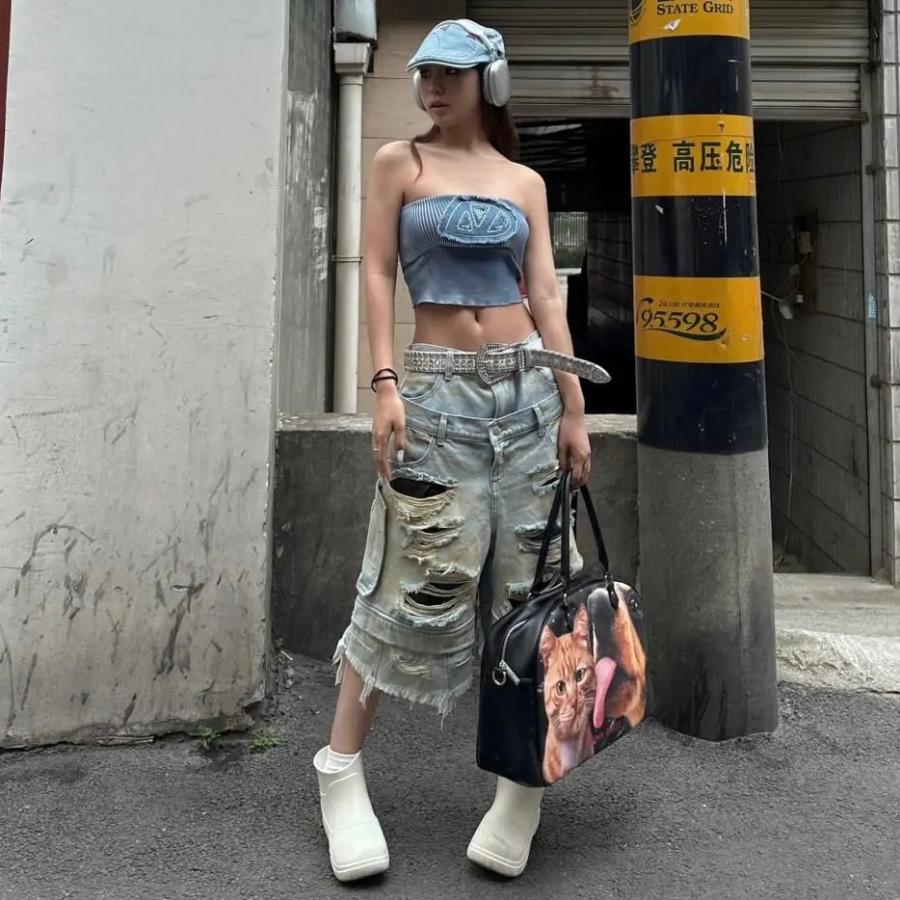 デニム ハーフ パンツ ダブル ウエスト ダメージ 半端丈 クロップド