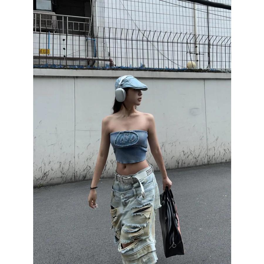 デニム ハーフ パンツ ダブル ウエスト ダメージ 半端丈 クロップド