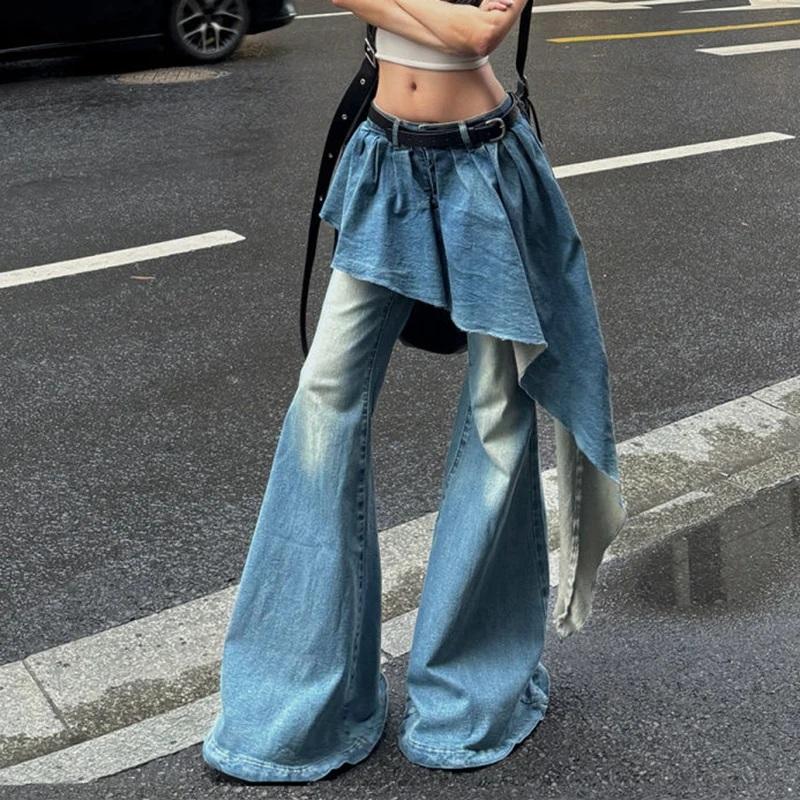 デニム パンツ 重ね着風 アシンメトリー スカート ドッキング