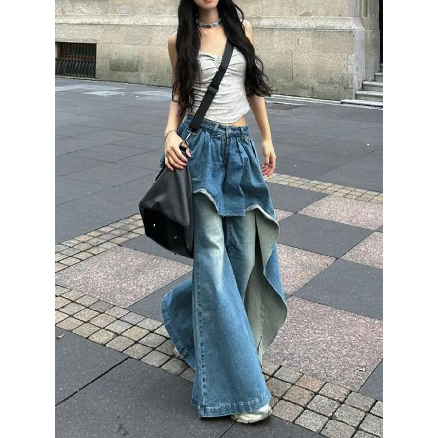 デニム パンツ 重ね着風 アシンメトリー スカート ドッキング