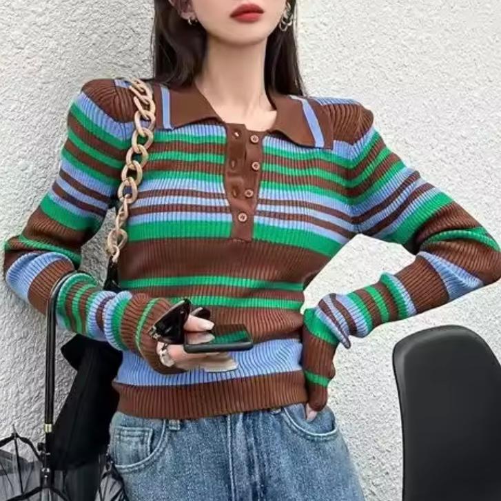 ニット ポロ マルチ ボーダー柄 襟 ボタン 韓国 ストリート系 長袖 Y2K