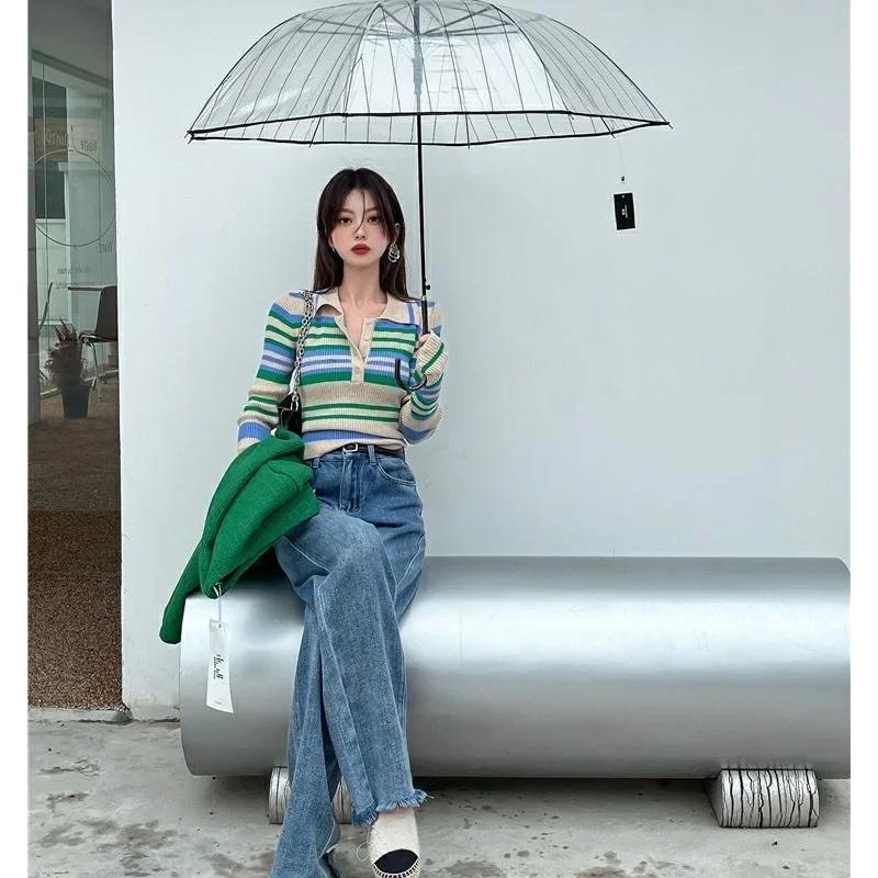 ニット ポロ マルチ ボーダー柄 襟 ボタン 韓国 ストリート系 長袖 Y2K