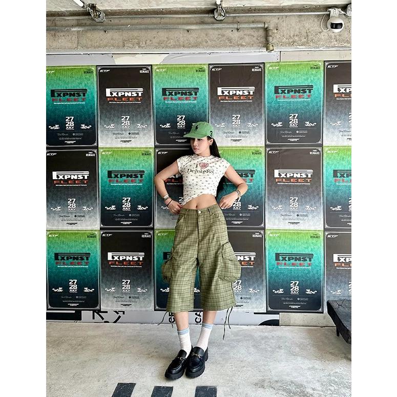 ハーフパンツ チェック柄 カーゴ バミューダ カプリ クロップド 韓国