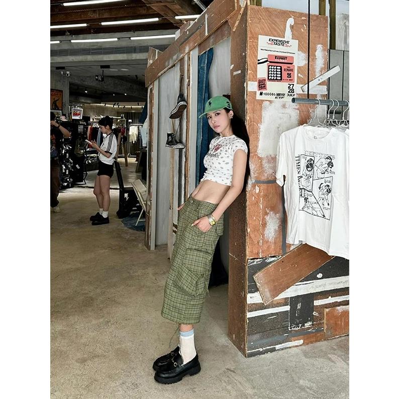 ハーフパンツ チェック柄 カーゴ バミューダ カプリ クロップド 韓国