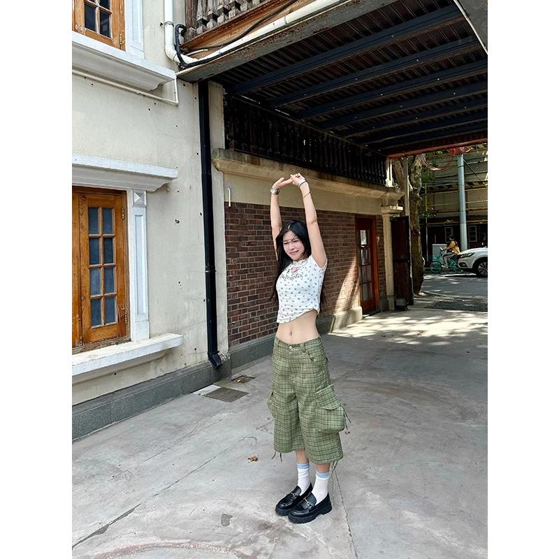 ハーフパンツ チェック柄 カーゴ バミューダ カプリ クロップド 韓国