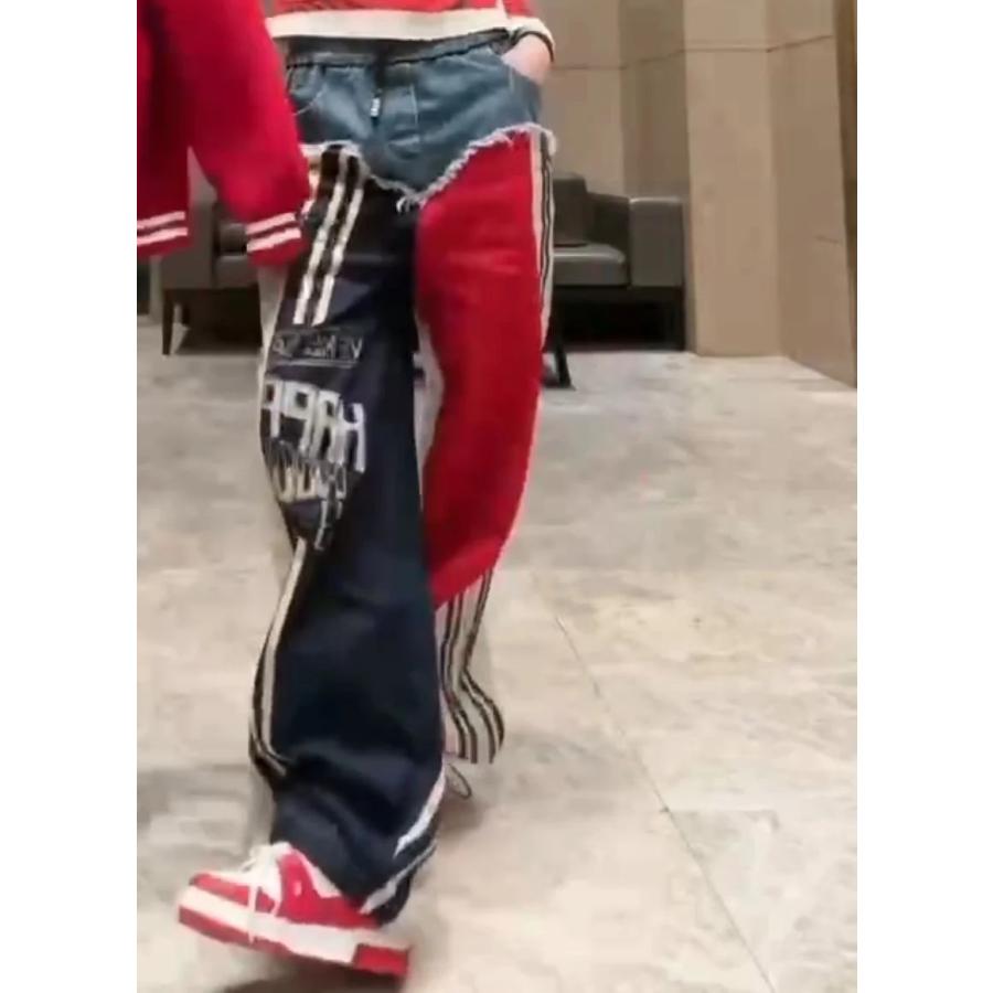 Short Track Jacket 再構築　ワイドパンツ　リメイク　y２k リメイク風 デニム ジャージ トラック パンツ 韓国 ストリート系