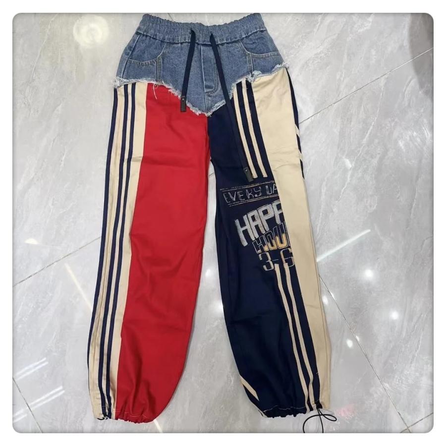 リメイク風 デニム ジャージ トラック パンツ 韓国 ストリート系