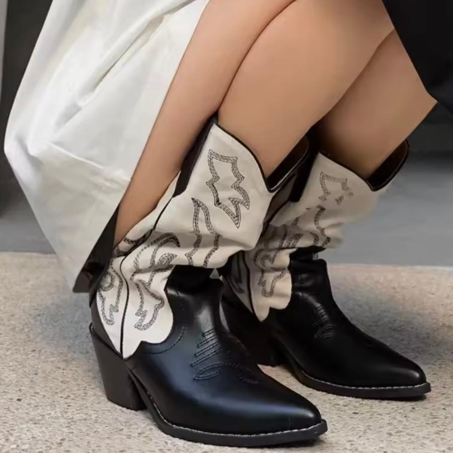 ウエスタン ブーツ 韓国 ストリート 白 黒 配色 レディース 9SHO-29