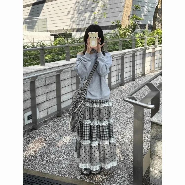 ティアード ロング スカート ドット柄 チェック柄 レース グレー 韓国
