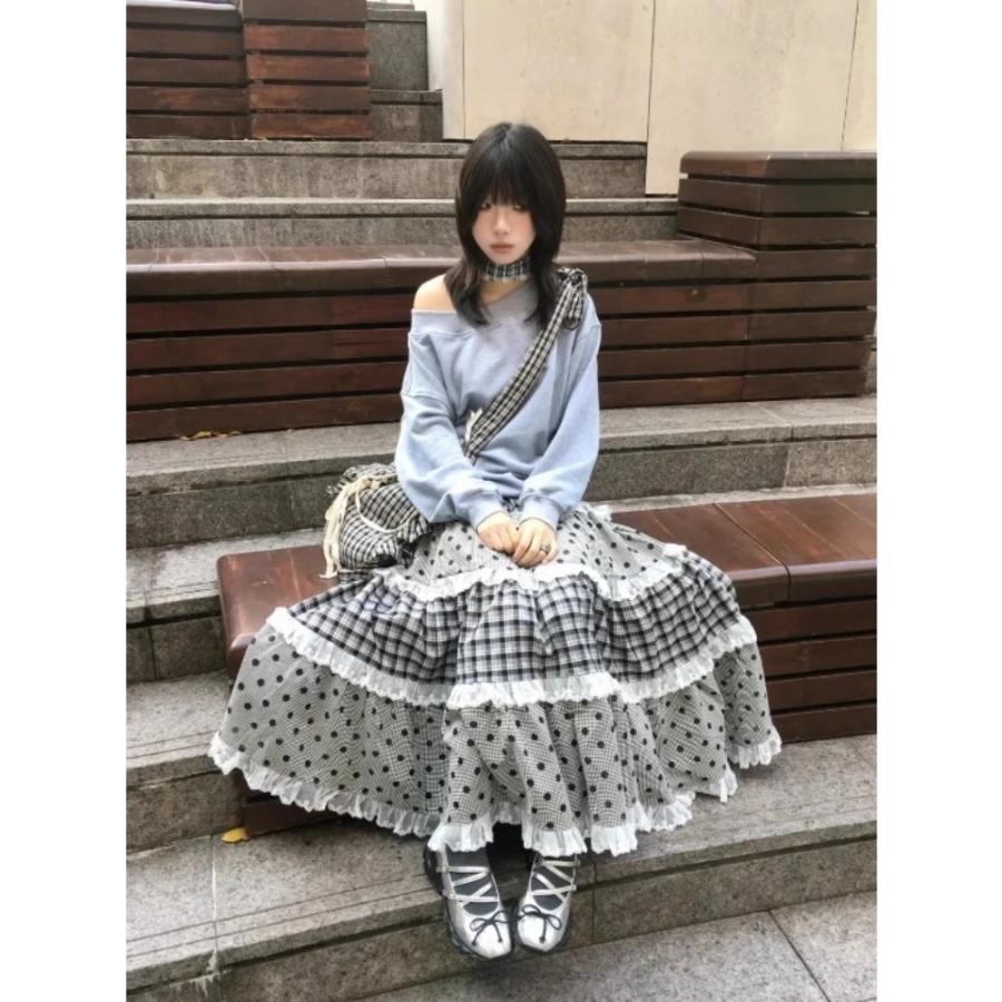 ティアード ロング スカート ドット柄 チェック柄 レース グレー 韓国