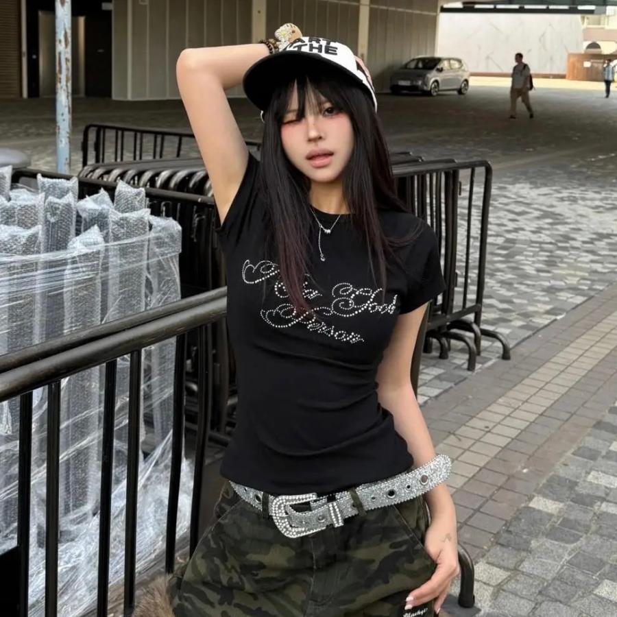 Tシャツ ラインストーン ロゴ 半袖 韓国 ストリート系 Y2Kファッション