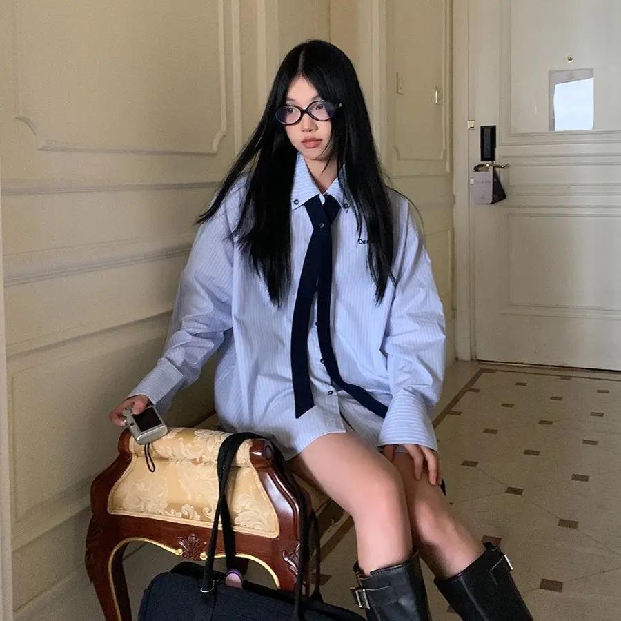 ストライプ柄 シャツ 長袖 ネクタイ付き 韓国 ストリート モード系女子