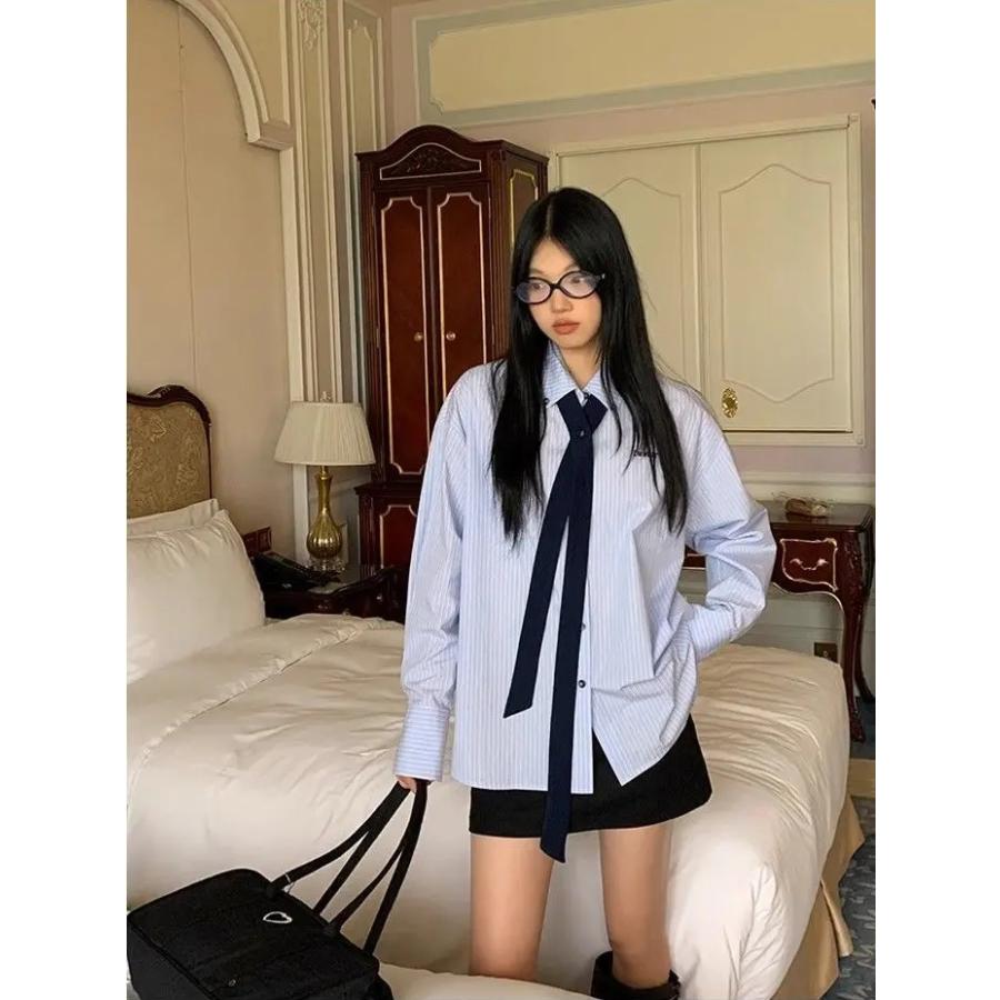 ストライプ柄 シャツ 長袖 ネクタイ付き 韓国 ストリート モード系女子