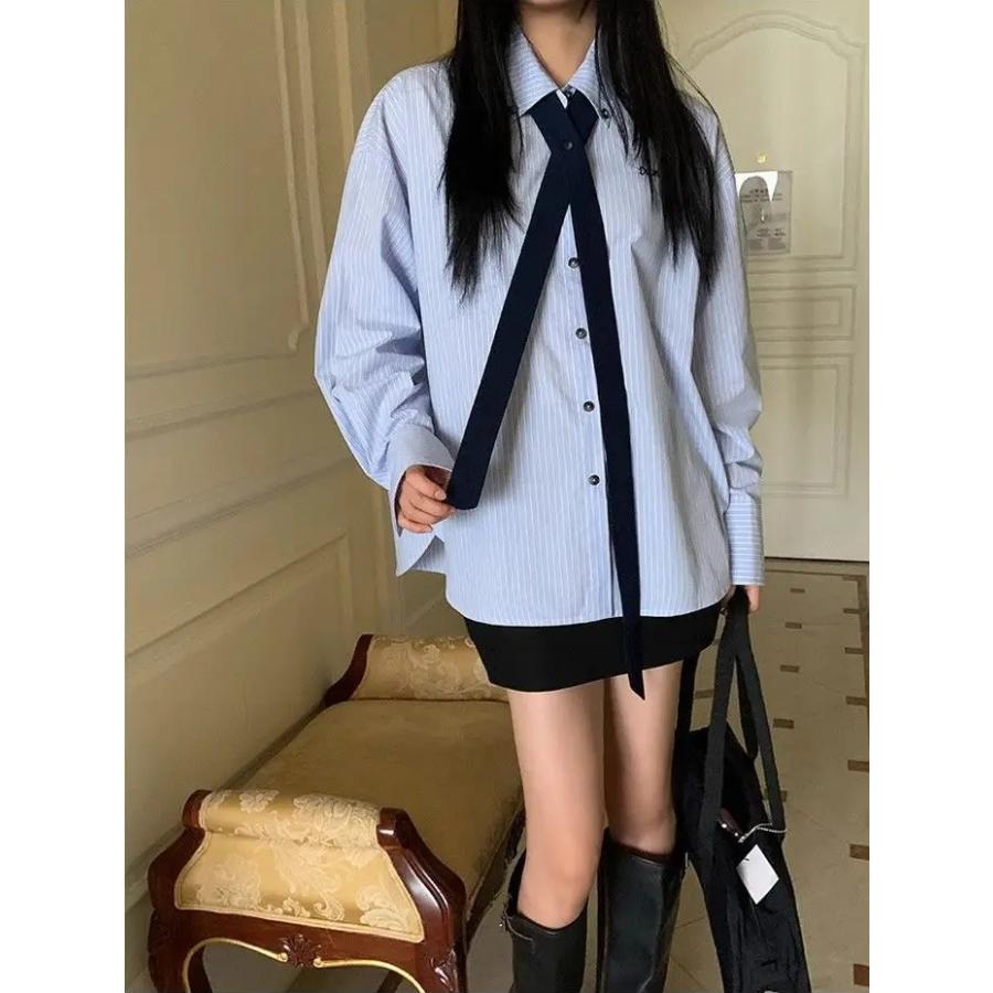 ストライプ柄 シャツ 長袖 ネクタイ付き 韓国 ストリート モード系女子