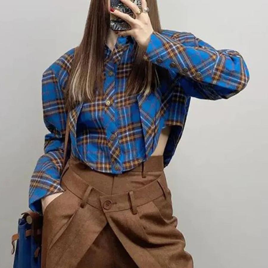 チェック柄 シャツ 青 ブルー ショート丈 韓国 ストリート ギャル
