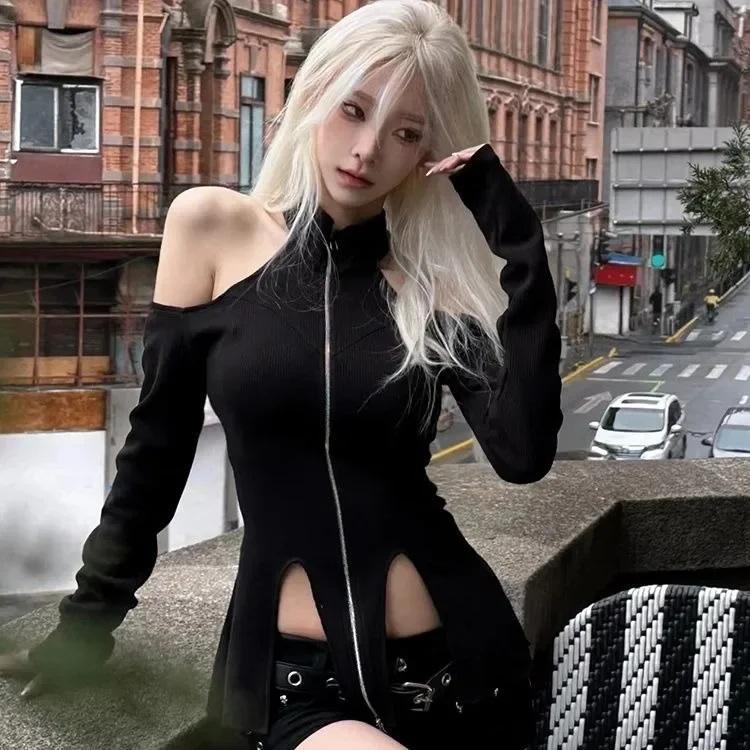 オフショル トップス 長袖 アシンメトリー ロンT ファスナー 韓国