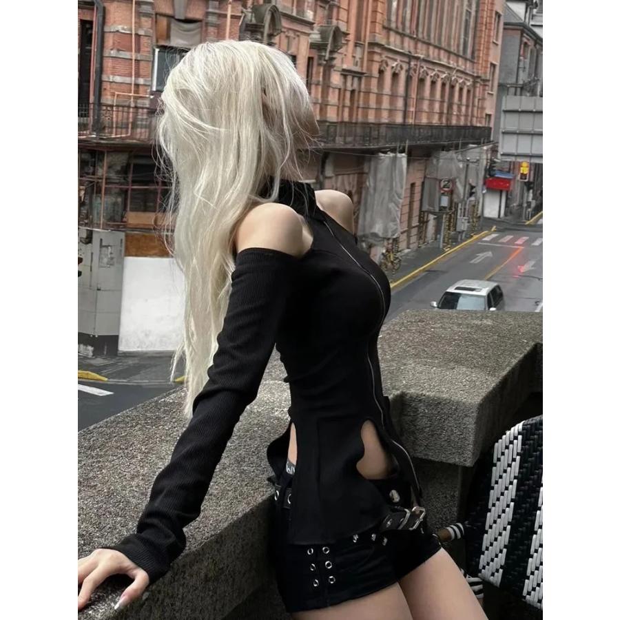 オフショル トップス 長袖 アシンメトリー ロンT ファスナー 韓国