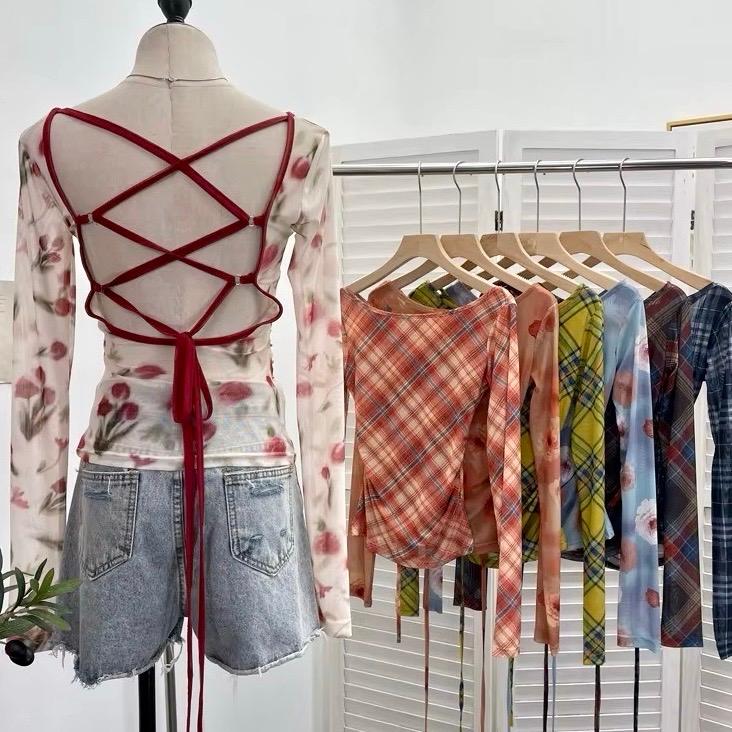 背中あき 編み上げ バックオープン シアー 長袖 トップス ロンT T